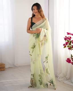 Lime Green Tropical Designer Print Organza Saree with Art Silk Blouse