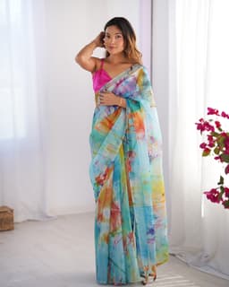 Multicolor Abstract Organza Saree with Art Silk Blouse