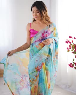 Multicolor Abstract Organza Saree with Art Silk Blouse