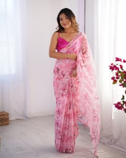 Pink Floral Organza Designer Printed Saree
