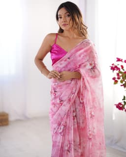 Pink Floral Organza Designer Printed Saree