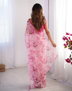 Pink Floral Organza Designer Printed Saree