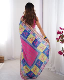 Hot Pink Multi-Color Chinon Designer Printed Saree