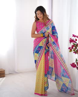 Hot Pink Multi-Color Chinon Designer Printed Saree