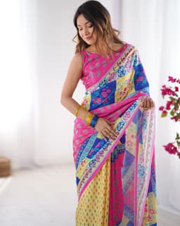 Hot Pink Multi-Color Chinon Designer Printed Saree