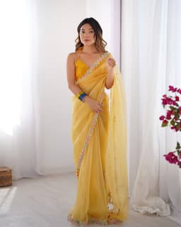 Sunshine Yellow Jimmy Choo Lace Work Saree