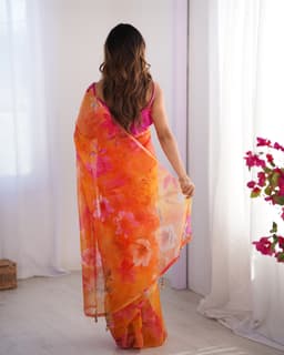 Sunset Orange Floral Organza Printed Saree