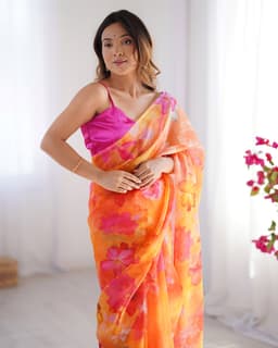 Sunset Orange Floral Organza Printed Saree