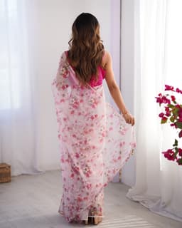 Blush Pink Floral Organza Designer Printed Saree