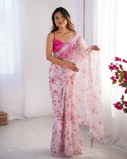 Blush Pink Floral Organza Designer Printed Saree