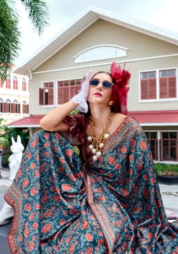 Teal Blue Baghru Print Satin Crape Saree