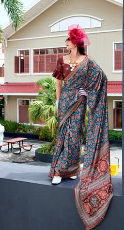 Teal Blue Baghru Print Satin Crape Saree