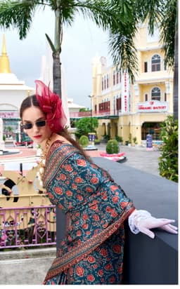 Teal Blue Baghru Print Satin Crape Saree