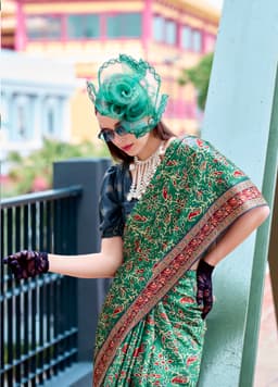 Emerald Green Baghru Print Satin Crape Saree