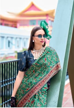 Emerald Green Baghru Print Satin Crape Saree
