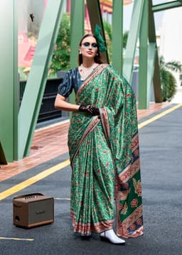 Emerald Green Baghru Print Satin Crape Saree
