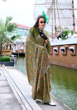 Olive Green Baghru Print Satin Crape Saree