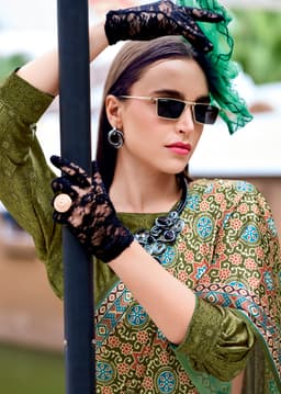 Olive Green Baghru Print Satin Crape Saree