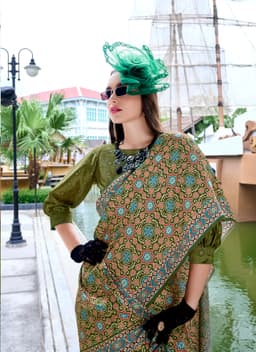 Olive Green Baghru Print Satin Crape Saree