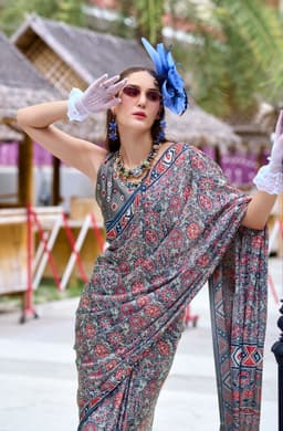 Grey Baghru Print Satin Crape Saree