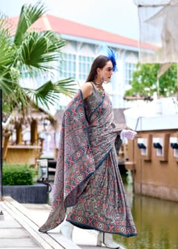 Grey Baghru Print Satin Crape Saree