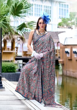 Grey Baghru Print Satin Crape Saree