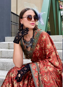 Rust Baghru Print Satin Crape Saree