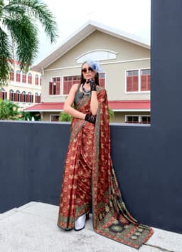 Rust Baghru Print Satin Crape Saree