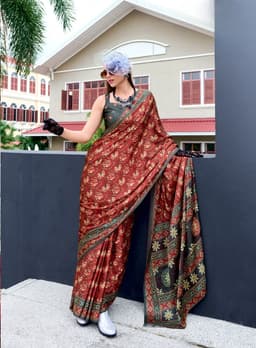 Rust Baghru Print Satin Crape Saree
