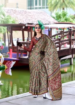 Olive Green Baghru Print Satin Crape Saree| Acossa Enterprise