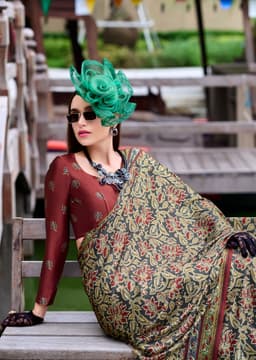 Olive Green Baghru Print Satin Crape Saree| Acossa Enterprise