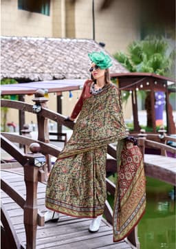 Olive Green Baghru Print Satin Crape Saree| Acossa Enterprise