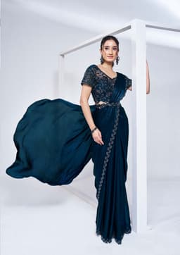 Midnight Teal Satin Silk Ready Saree