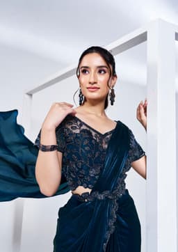 Midnight Teal Satin Silk Ready Saree