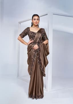 Mocha Brown Crepe Satin Silk Ready Saree