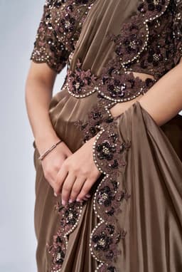 Mocha Brown Crepe Satin Silk Ready Saree
