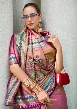 Rose Gold Tissue Silk Saree with Royal Blue Zari Border