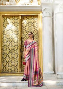 Rose Gold Tissue Silk Saree with Royal Blue Zari Border