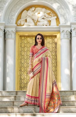 Royal Gold Tissue Silk Saree with Pink Zari Border