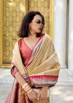 Royal Gold Tissue Silk Saree with Pink Zari Border