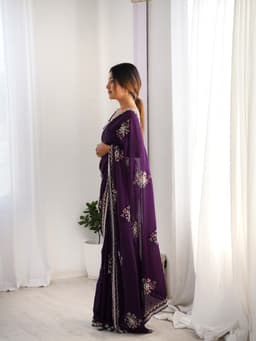 Deep Purple Fendi Satin Beads Designer Saree