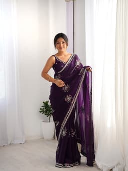 Deep Purple Fendi Satin Beads Designer Saree