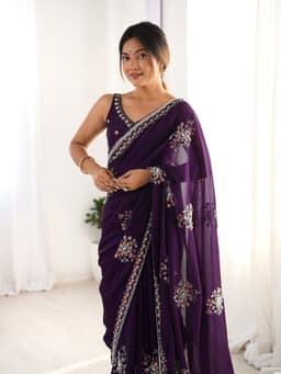 Deep Purple Fendi Satin Beads Designer Saree