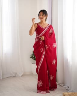 Ruby Red Designer Satin Saree with Beads Handwork