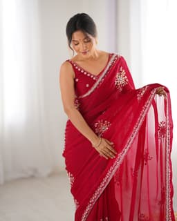 Ruby Red Designer Satin Saree with Beads Handwork