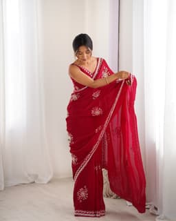 Ruby Red Designer Satin Saree with Beads Handwork
