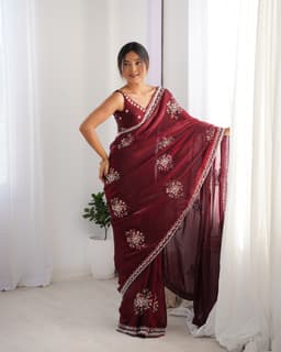 Wine Red Satin Saree with Heavy Beads Handwork