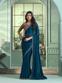 Teal Blue Designer Georgette Saree with Embellished Border