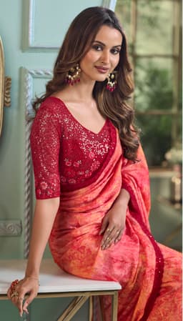 Coral Red Crystal Chiffon Silk Saree for Wedding Wear