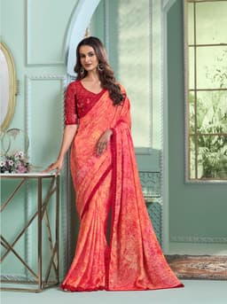 Coral Red Crystal Chiffon Silk Saree for Wedding Wear
